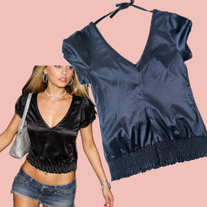 Guess Black Satin Smocked Hem Top Size S – Y2K V Neck Puff Sleeve